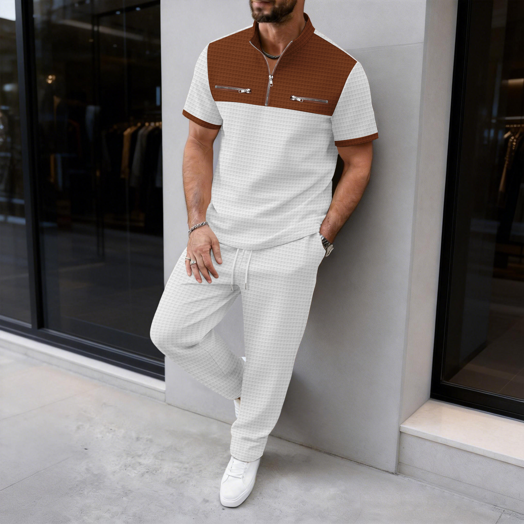 Navy Men's Casual 2-Piece Set  - Streetwear Zipper บทวิจารณ์และราคา