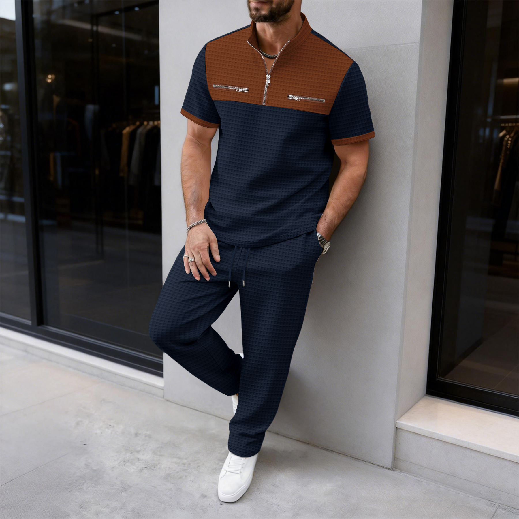 Navy Men's Casual 2-Piece Set  - Streetwear Zipper บทวิจารณ์และราคา
