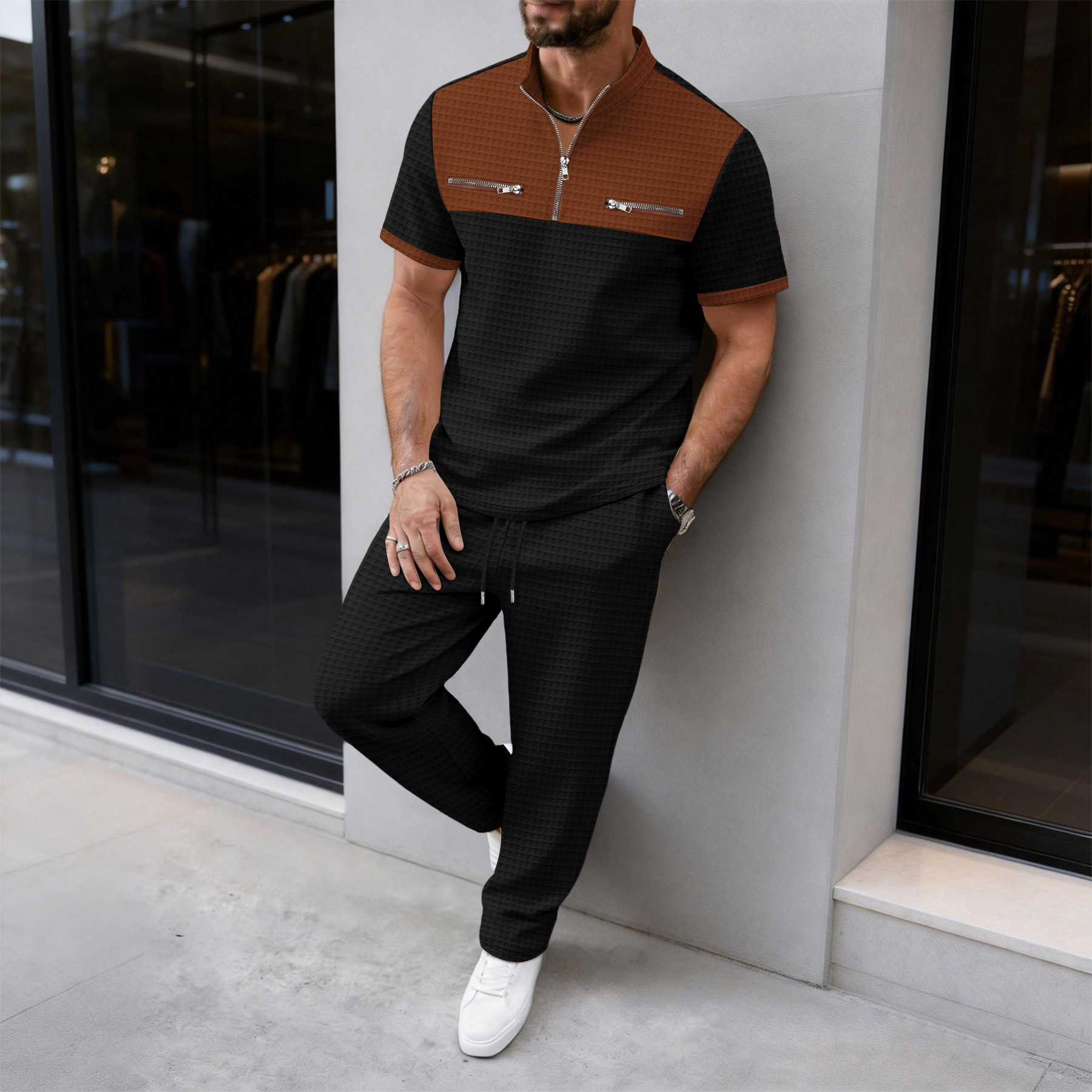 Navy Men's Casual 2-Piece Set  - Streetwear Zipper บทวิจารณ์และราคา
