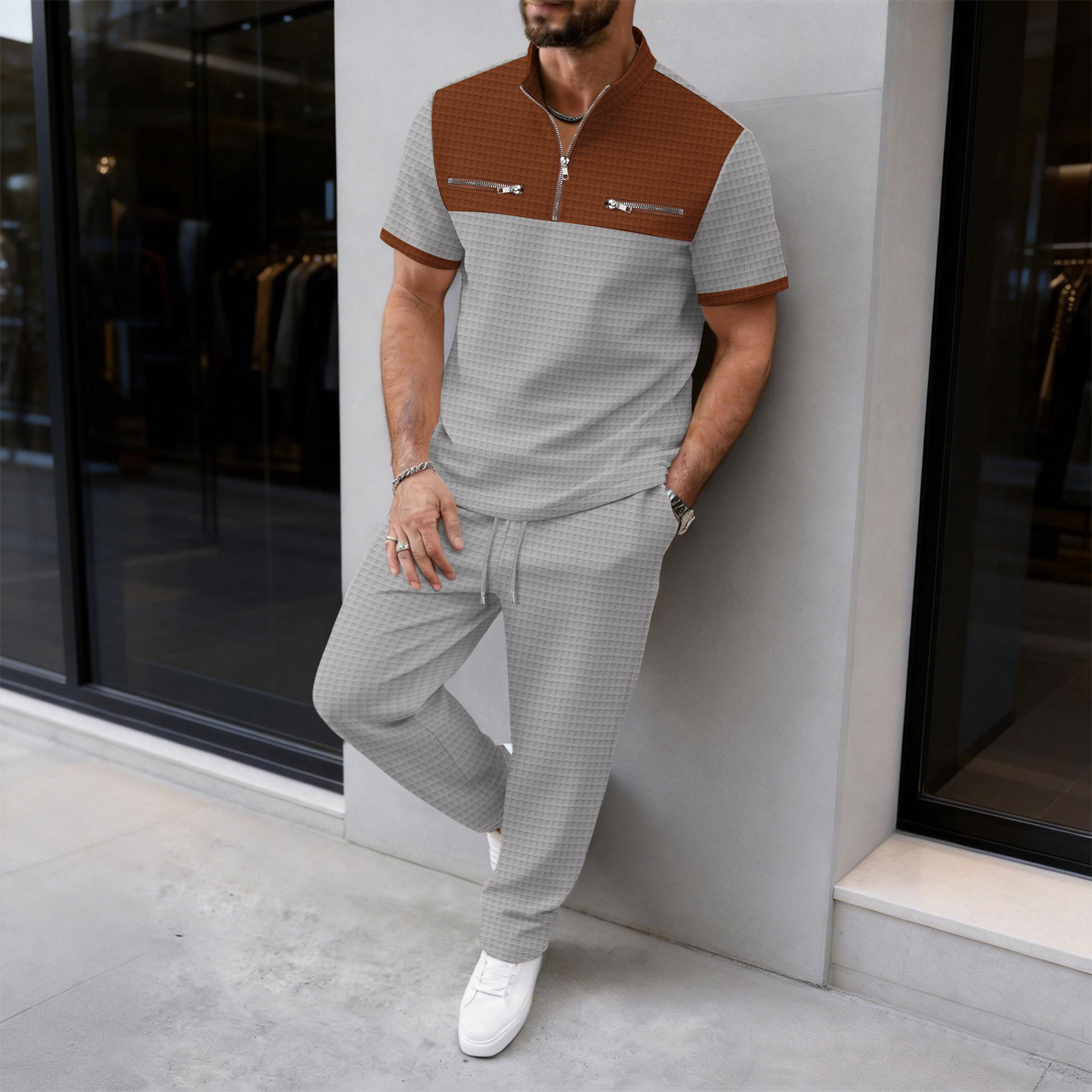Navy Men's Casual 2-Piece Set  - Streetwear Zipper บทวิจารณ์และราคา